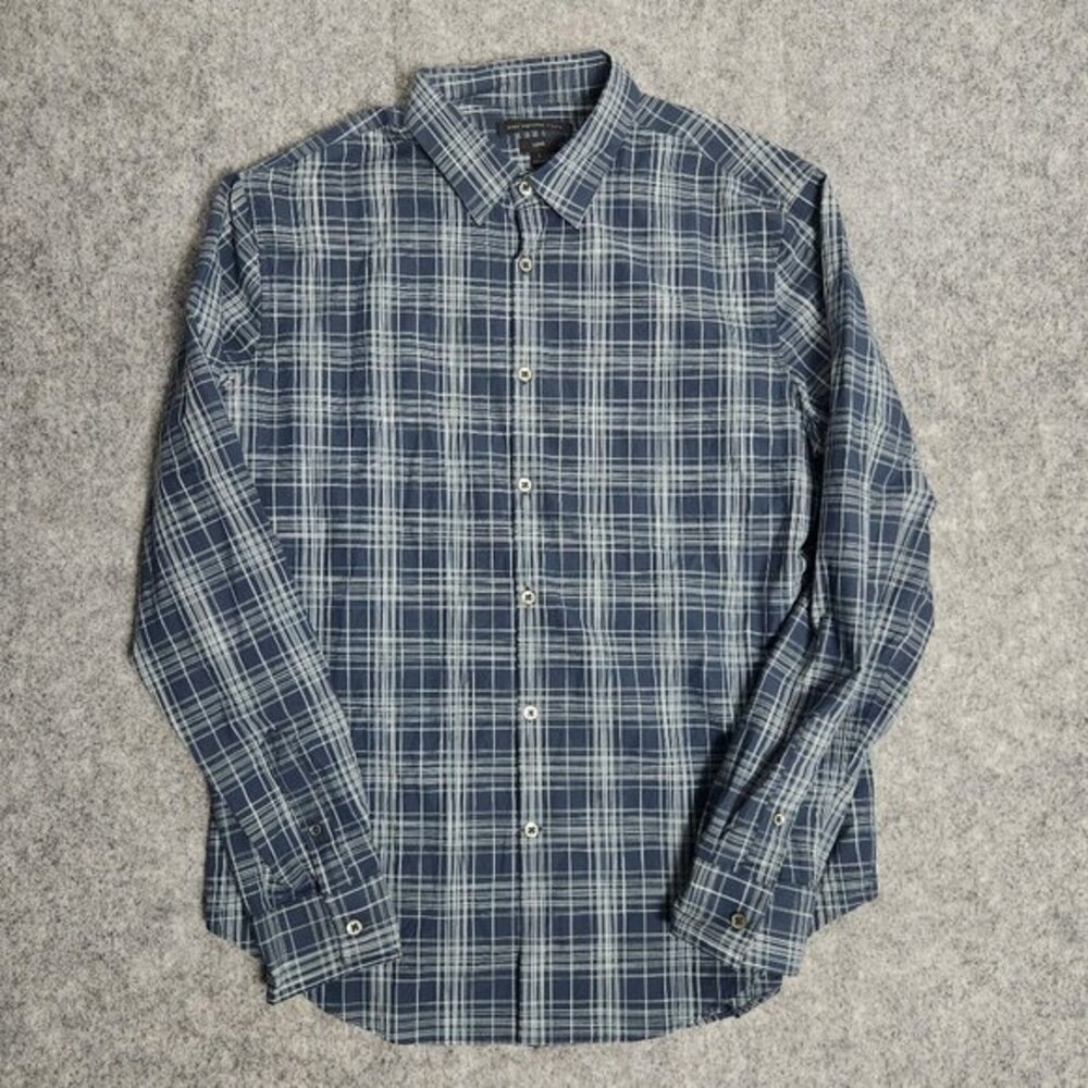 John Varvatos Star USA Luxe Shirt Men L Blue Scotch Plaid Long‎ Sleeve Button Up